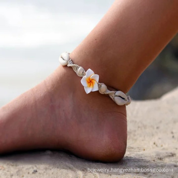 Shangjie OEM tobillera Hand-woven clay flower sea shell anklet braided gold rope and bracelets women anklets